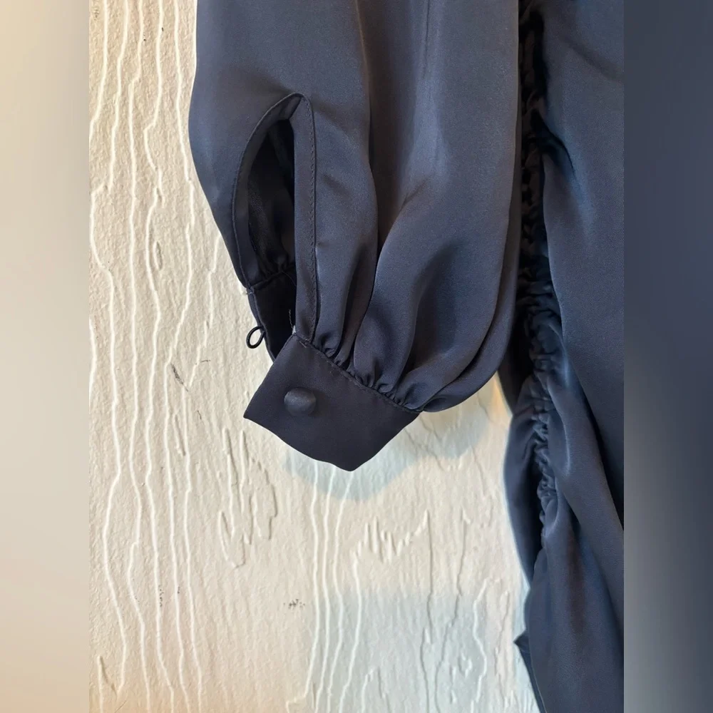 Ramy Brook Foxy Satin Navy Blue Ruched Long Sleeve V Neck Side Zip Mini Dress - Picture 11 of 15